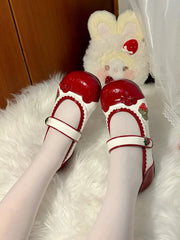 Sweet Strawberry Themed Red Lolita Indoor Slippers with Scalloped Hem & Bow Accents