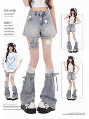 Y2K Light Blue Denim Shorts with Detachable Butterfly Garter and Flared Leg Warmers