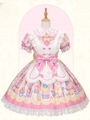 Yellow & Pink Bunny and Cupcake Print Peter Pan Collar Maid Lolita Dress