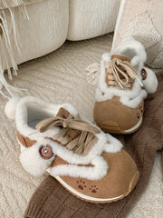Sweet Lolita Brown Sneakers - Paw Embroidery, Plush Puppy Ears & Tail with Lace-Up Design