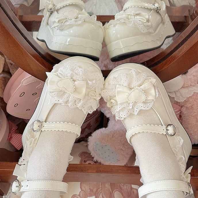 Sweet Lolita White Mary Janes with Bow Accents & Scalloped Hem Strap