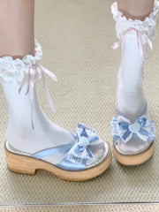 Wood Grain Sole Platform Slippers with Decorative Bow & Heart Applique