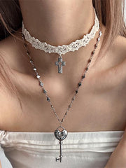 Y2K Lace Key Pendant Layered Necklace