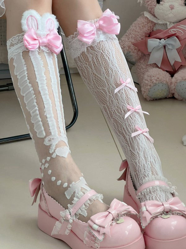 White/Black  Lolita Y2K Under-knee Stockings With Pink Rabbit Ears And Bowknot Details
