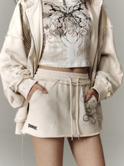 Wasteland Punk Beige Distressed Mini Skirt Elastic Waist with Drawstring