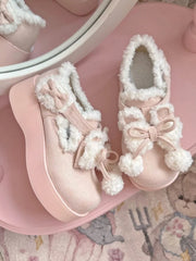 Pink Sweet Lolita Bunny Themed Platform Shoes with Bow Details,  Cozy Plush Interior & Velcro Closure