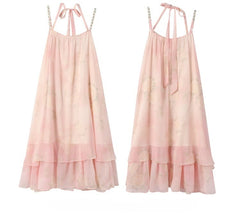 Yume Kawaii Pink Two-pieces Set-	Halter Neck Tiered Skirt Slip Dress+Flutter Sleeves Polka-dot Overdress