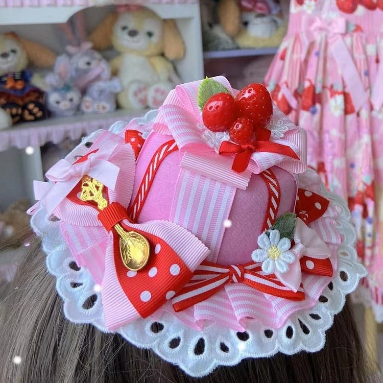 Pink Strawberry Decorated Bowknot Details Floral Design Lace Trim Mini Hat