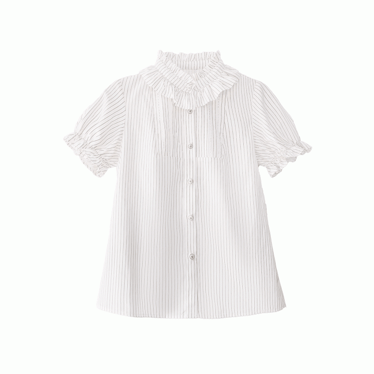 Beige Striped Blouse with Puff Sleeves and Ruffle Neckline