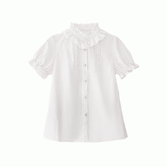 Beige Striped Blouse with Puff Sleeves and Ruffle Neckline