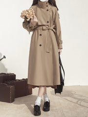Khaki Elegant Long Windbreaker with Button Details on Notched Collar