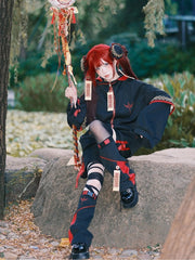 Techwear × Cheongsam Goth Little Zombie Outfit: Red & Black Hooded Jacket, Shorts, Leg Warmers & Hairclips