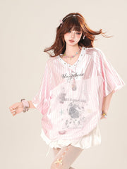 Pink/Silver Blokette Core V-Neck Striped T-Shirt