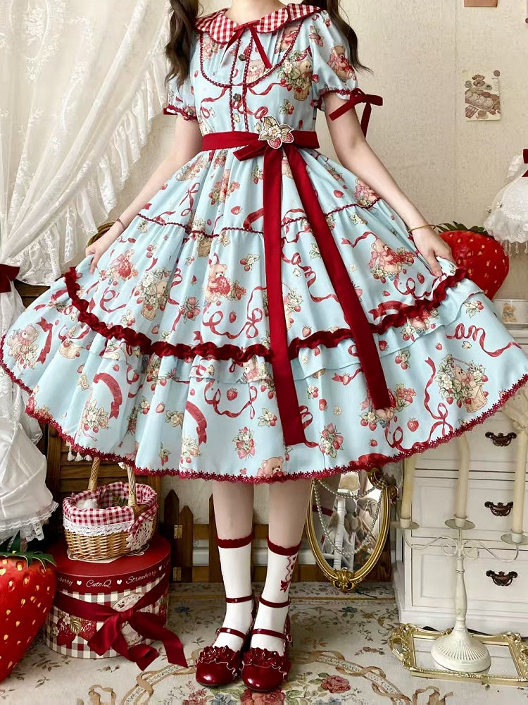 Teddy and Strawberry Print Blue Lolita Short Sleeves Dress
