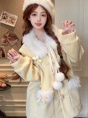 Yellow Sweet Lolita Winter Coat with Faux Fur Trim and Pom-Pom Accents