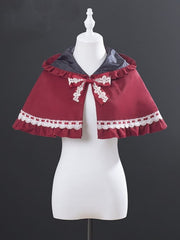 Wine Red Twill Hooded Cape with Lace Accents