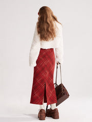 Red Plaid High-Waist Skirt with Back Slit & Side Zipper