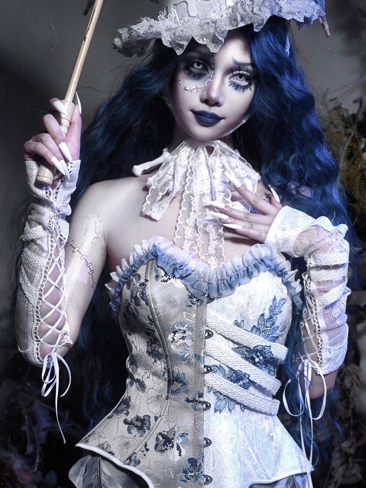 White Goth Lace-up Detail Lace Sleeves