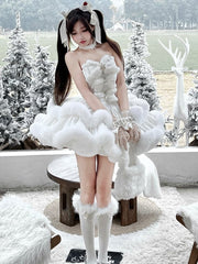 White Snowflake Bows Decorated Bodice Winter Plush Trimming Strapless Dress