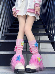 Y2K Style Pink Star-Decorated Knitted Leg Warmers