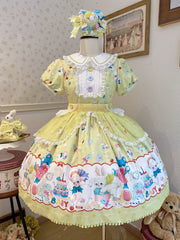 Lamb and Bunny Print Yellow Short Sleeves Sweet Lolita Peter Pan Collar Dress