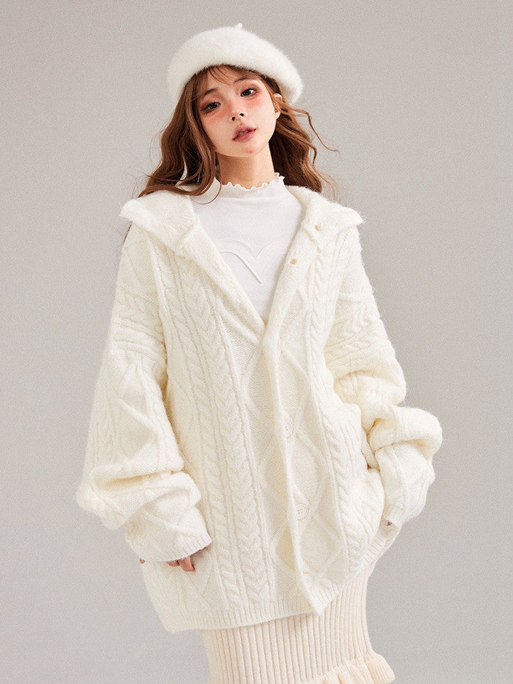 White Loose Hooded Cardigan with Button Placket