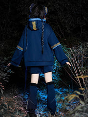 Navy Blue Leg Warmers with Embroidered Talisman and Copper Coin