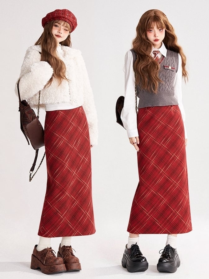 Red Plaid High-Waist Skirt with Back Slit & Side Zipper
