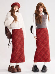 Red Plaid High-Waist Skirt with Back Slit & Side Zipper