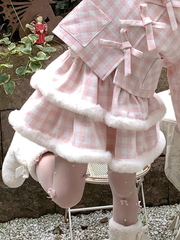 Sweet Pink Plaid Tiered Skirt with Cozy White Plush Trim