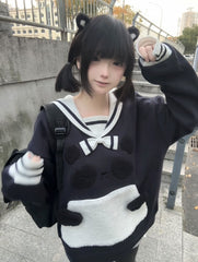 Soft & Adorable Navy Blue Sailor Collar Sweatshirt with Panda Embroidery