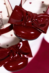 Wine Red Nana High Block Heel Bow at Top Mary Janes