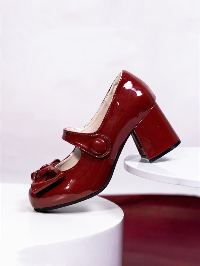 Wine Red Nana High Block Heel Bow at Top Mary Janes
