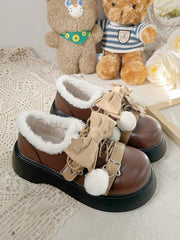 Star Details & Detachable Bow Accent Winter Sweet Lolita Brown PU Leather Platform Shoes