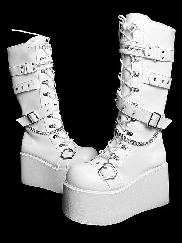 Studs Chains Metal Punk Matte White Platform Boots