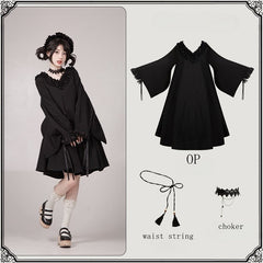 Black Ruffled V-neck Wa Lolita Long Sleeves Dress Long Version