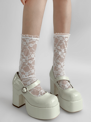White/Black Rosette Pattern See-through Lace Socks