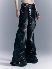 Washed Punk Black-Grey Flare Jeans With Zippered Pockets & Studs