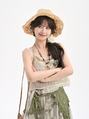 Floral Accent Hollow-Out Lace Beige Vest