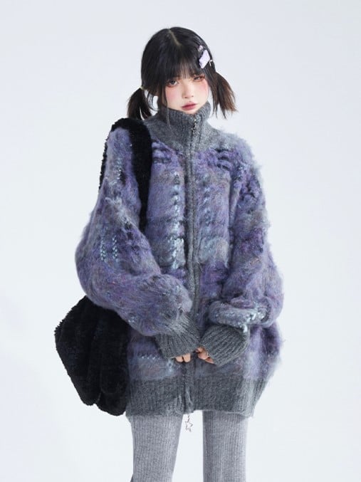 Loose Gray & Purple Striped Mohair Knit Sweater with Ribbed Cuffs & Lockstitch Detailing