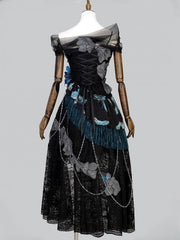 Black Lace Butterfly Print Off-the-shoulder Lolita Dress with Blue Flower Accents and Draped Chains