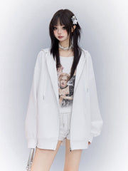 White Zip Closure Loose Sports Hoodie