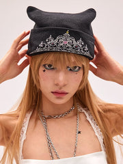 Y2K Crown Rhinestone Black Knitted Beanie