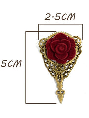 Handmade Wine Red Rose Decorated Steampunk Bronze Gear Brooch