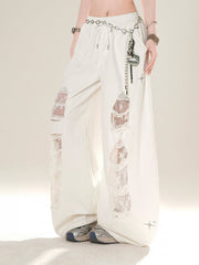 White Drawstring Waist Distressed Holes Wide-Leg Jeans