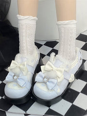 PU Sweet Lolita Blue and White Platform Mid Heels with Heart Details & Bow Accents