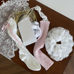 White Hollow-out Tights/Pink Lace-up Underknee Stockings/Self-tie Straps Leg Warmers/White Lace Ruffle Cuffs