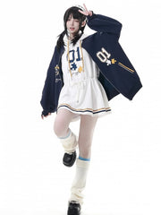 White Blokette Sleeveless Hoodie Dress with Drawstring Waist & Hood，Blue and Yellow Striped Hem