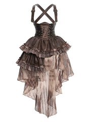 Brown Western Style Steampunk Asymmetrical PU Overall Dress with Detachable Train