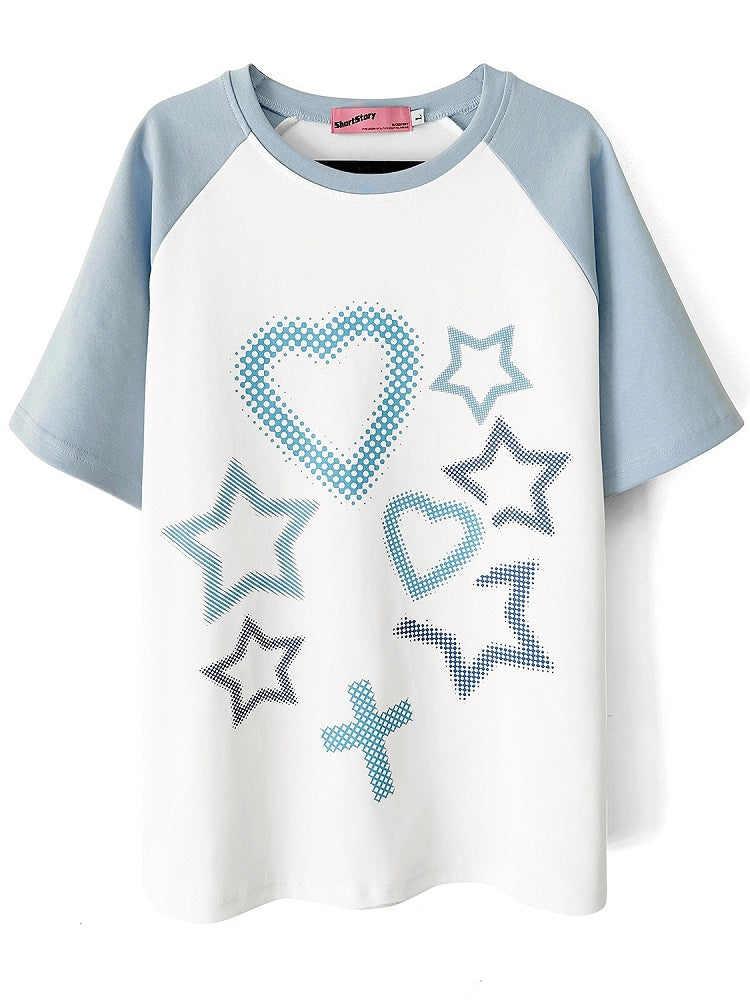 Stars and Sweethearts Print Blue and White T-shirt
